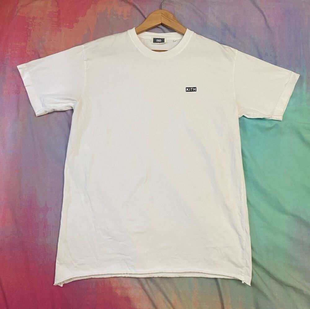 Kith Classic Box Logo Tee T Shirt White Black Flocked Sz XS RAW HEM Streetwear